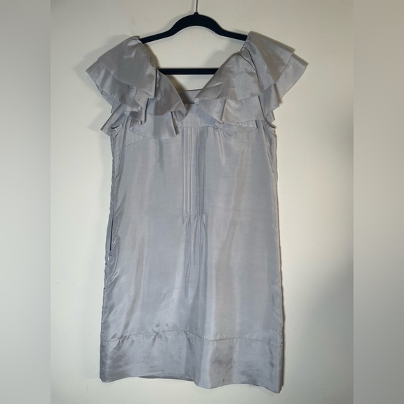 Floreat Anthropologie Gray Silver Silk Ruffle Sleeve Shift Dress Sz 4 Pintuck. - Picture 9 of 15